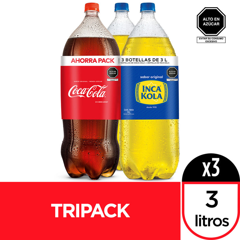 Gaseosas 1 COCA COLA + 2 INCA KOLA Botella 3L Paquete 3un