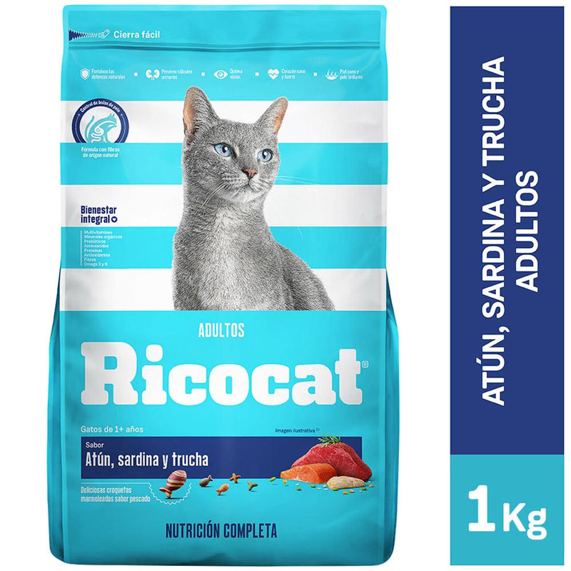 RICOCAT Comida para Gatos Adultos Atún, Sardina y Trucha Bolsa 1kg