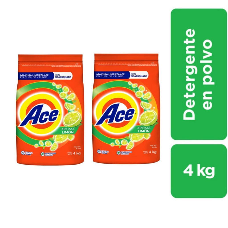 Detergente en Polvo ACE Limón Bolsa 4Kg Pack 2un