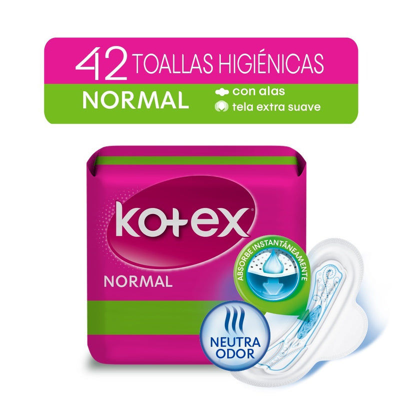 Toalla Higiénica Kotex Normal con Alas Máxima Absorción Paquete 42un